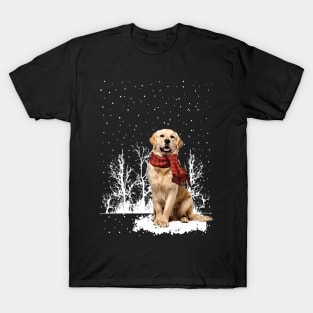 Christmas Golden Retriever With Scarf In Winter Forest T-Shirt